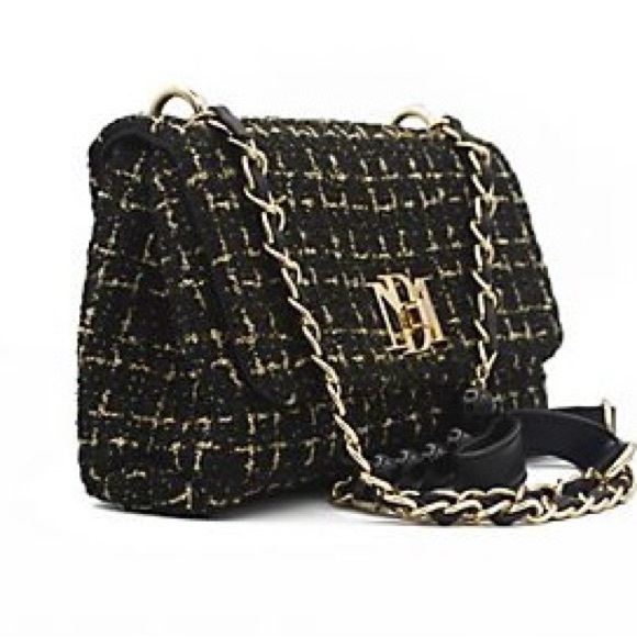 Badgley Mischka Bouclé Tweed Crossbody Bag Vegan leather Black  NEW - Picture 3 of 12